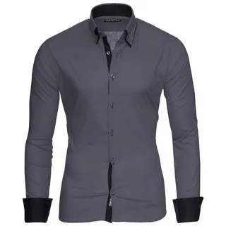 Reslad Langarmhemd Reslad Herren Langarm Hemd Alabama RS-7050 Doppelkragen Kontrast Männer Hemden grau|schwarz S
