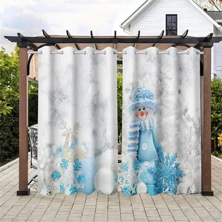 Hiseng wasserdichte Vorhänge Outdoor, Weihnachten Schneemann 3D Drucken Outdoorvorhänge 2 Stück Verdunkelungsvorhang Blickdicht mit Ösen Sichtschutz Vorhang (137x243cm,Blau Schneeflocke)