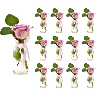 12 x Glasfläschchen im Landhausstil Flasche Deko-Vase Tischvasen Dekoflaschen Hochzeit Glasvasen (TR-Milch- 12 Stück Rosa)