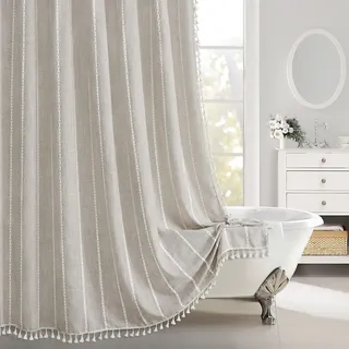 Awellife Beige Boho Duschvorhang mit Quasten – Premium-Qualität, strapazierfähiges Baumwoll-Leinen, modernes Bauernhaus-Duschvorhang-Set, wasserdicht und waschbar, 72x78 cm