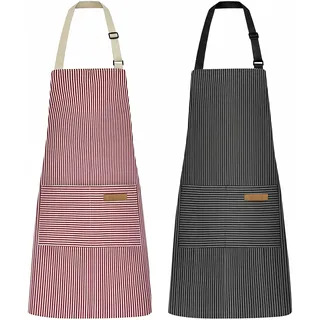 NLUS 2 Stück Küchenschürzen, verstellbares Lätzchen, weiche Kochschürze mit 2 Taschen für Männer und Frauen (schwarze Nadelstreifen/rosa Nadelstreifen)