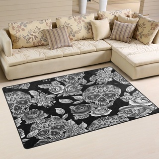 Use7 Teppich im Retro-Stil, Motiv: Totenkopf, Blumen, Rosen, rutschfest, für Wohnzimmer, Schlafzimmer, 100 x 150 cm