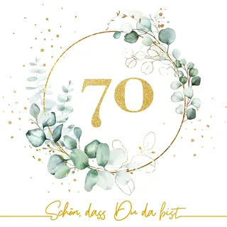 Serviettenshop 20 Servietten 70. Geburtstag Eukalyptus als Tischdeko mit Spruch Schön, dass Du da bist. Deko Papierservietten Geburtstag Frau Mann Zahl 70 gold mit Motiv Jubiläum 33x33cm