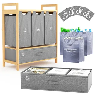 Mülleimer Küche 4 Fächer - Mülltrennsystem 4fach - Küchenmülleimer | MY FAT GORILLA Küchen Mülleimer - Mülltrennsysteme für PET, Glas, Dosen & Altpapier - Mülltrennsystem Küche (Grau)