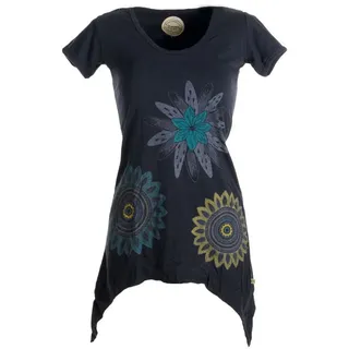 Vishes Tunikakleid Asymmetrisches Longshirt m. großen Blumen bedruckt Boho, Elfen, Hippie Style schwarz 46