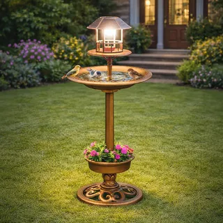 Garden Mile 1 m extra große Vogeltränke und Futterstation mit Solar-Gartenlicht, Bronze-Effekt, Vogelfutterstation mit Pflanzgefäß, freistehende Vogeltränke, Futterstation für den Außenbereich