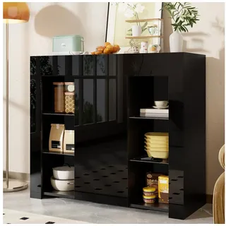 Merax Sideboard Buffetschrank mit Hochglanz-Front (1 St., für Wohnzimmer, Esszimmer oder Küche), Kommode mit Glasregalen und Tür, Anrichte Schrank Buffet, 95x35x83cm schwarz