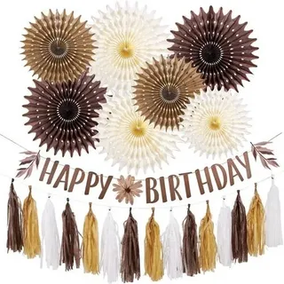 Party Deko Set 9 Papierfächer mit Banner und Quasten Braun Beige