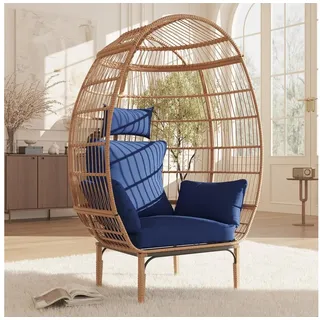 GarveeMore Hängesessel Polyrattan-Egg Kugelsessel Loungesessel Gartensessel Relaxsessel, Oversize Sessel mit Stand für Balkon/Terrasse/Garten und Indoor blau