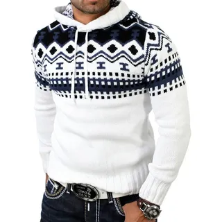 Reslad Strickpullover Reslad Herren Grobstrick Pullover Norweger Winter Kapuzenpullover (1-tlg) Strickpullover Männer Norwegermuster mit Kapuze weiß XXL