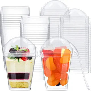 50Pcs Mini Desserttasse Dessertbecher mit Deckel und Wiederverwendbar Löffel, Φ5,5 x Höhe 7,5cm 150ml Dessertschälchen Klein Plastik Klar Wiederverwendbar Dessertgläser für Dessert Pudding Mousse
