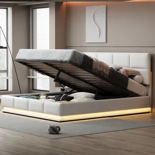 okwish Boxspringbett Polsterbett 180 x 200 cm mit verstellbares Kopfteil und LED-Beleuchtung, Hydraulisches Stauraumbett mit Bettkasten Stauraum(Oh... - Weiß