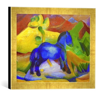 Gerahmtes Bild von Franz Marc Blaues Pferdchen, Kinderbild, Kunstdruck im hochwertigen handgefertigten Bilder-Rahmen, 40x30 cm, Gold Raya