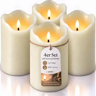 Stephans Möbelbörse 4x LED Echtwachskerze 10x15 cm mit Timer Kerze batteriebetrieben 3D Flackereffekt Echtwachs Adventskranz Kerzen LED Adventskerzen