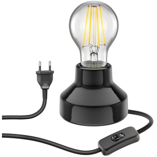 ledscom.de E27 Porzellan Tischlampe TIX rund Stecker Schalter schwarz 90mm + LED Lampe 1020lm weiß 3-Stufen Dimmen