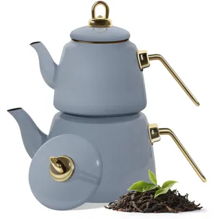 Homelux Teekanne Set, Wasserkessel Induktion Teekocher aus Emaille, Induktionsgeeignet, 2L+1L, Türkische teekanne, Caydanlik,Hellblau