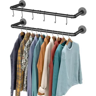 LuxusKollektion Wandgarderobe Industrieller Stil Rohr-Kleidergestell 2er Set Wandmontage Schwarz schwarz