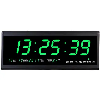 Queeucaer große Digitale Wanduhr mit Fernbedienung, automatisch dimmbare Digitaluhr mit großem Display Wanduhren Digital Wanduhr Funk-wanduhr Temperaturanzeige Display Datumanzeige grün