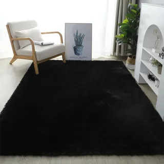 Generisch Hochflor Teppich 120x160 cm Schwarz, einfarbiger Flauschiger Langflor Shaggy Teppich im Skandi Stil, weich, rutschfest & pflegeleicht für Jugendzimmer, Arbeitszimmer, Leseecke, Home Office