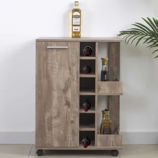 BAKAJI Eckschrank, Bar, Weinregal, Weinregal, Spirituosen, Holz, 6 Sitzer, Flaschenhalter mit Tür und Griff aus Metall, 2 Seitenregale (Taupe)