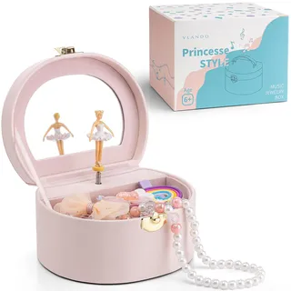 VLANDO Schmuckkästchen Mädchen,Schmuckkasten Kinder mit Drehendem Ballerina | Spielzeug Geschenk 4 5 6 Jahre Mädchen mit DIY Aufkleber, Schmuckaufbewahrung mädchen mit Spieluhr,Hellrosa