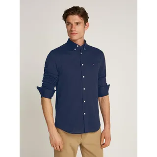 Tommy Hilfiger "FLEX DOBBY SF SHIRT", Herren, Gr. L, N-Gr, blau (carbon navy), Twill, Obermaterial: 100% Baumwolle, unifarben, klassisch, slim fit hüftlang, Langarm Ärmel mit Ärmelschlitz 1-Knopf-Manschette, Hemden, mit Logostickerei
