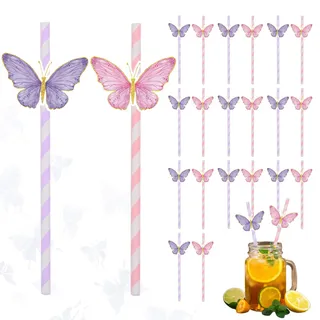 Ovanda 20 Stück Strohhalme Papier, Lila Rosa Schmetterling Streifen | Geburtstag Mädchen Einweg Papierstrohhalme, Cocktail Strohhalmes für Mädchen Geburtstag Party, Hochzeiten und Anlässe