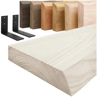 LAMO Manufaktur Wandregal Holz Baumkante Regal Farbe: Weiß mit schwarzem Basic Regalträger 140cm, Komplett-Set, 40mm stake Massivholzplatte weiß 140 cm x 4 cm x 20 cm