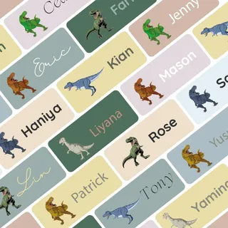 Petite Print® Namensaufkleber für Schule & Kita – Kleidung, Stifte & Gegenstände – personalisiert, waschmaschinenfest & wasserfest, Namensschilder/Namensetiketten für Kinder (Dino TRex)