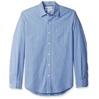 Amazon Essentials Herren Langärmeliges Business Hemd aus Popeline Schmale Passform, Blau Vichy-muster, L