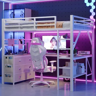 BTM Gaming Metall Hochbett 140x200 mit Schubladen, Schreibtisch & LED Weiß
