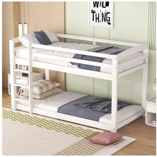 MODFU Etagenbett Kinderbett mit sicherem Geländer (90x200cm, Hochbett, Gästebett, Stockbett), aus Massivholz Kiefer und MDF weiß
