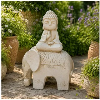INtrenDU Gartenfigur Buddha auf Elefant 56 cm groß – Zen-Deko, Frostsicher aus Magnesia, edle Steinoptik weiß