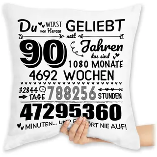 Kissen 40x40 Zierkissen - 90 Jahre - Du wirst von Herzen geliebt | 90. Geburtstag | 90 Jahre Geburtstagsgeschenke | 90ter Geburtstagsgeschenke für Oma und Opa - 40 x 40 cm - Weiß - 90.geburtstag
