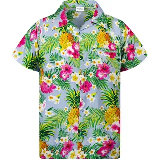 King Kameha Funky Hawaiihemd Kinder Jungen Mädchen Kurzarm Fronttasche Hawaii-Print Unisex Ananas Blätter Muster - 6 Jahre