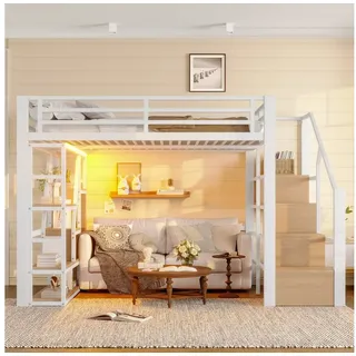 Odikalo Hochbett Metallbett 90x200 140x200 mit Stauraum,LED (Hochbett, 90 x 200 cm, Eisenrahmen, Ablagefach, integrierte Stufen, Schutzgeländer, Leiter, mit LED-Lichtleiste, offener Stauraum unter dem Bett, Matratze nicht im Lieferumfang enthalten) 140 cm x 200 cm