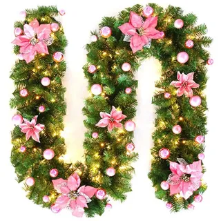 SCCS Weihnachtsgirlande Mit Beleuchtung Außen, Girlande Weihnachten Mit Led Lichterkette Weihnachtskranz Künstlich Tannengirlande Weihnachtsdeko Fenster Haustür Garten Balkon (Rosa, 2.7 M)