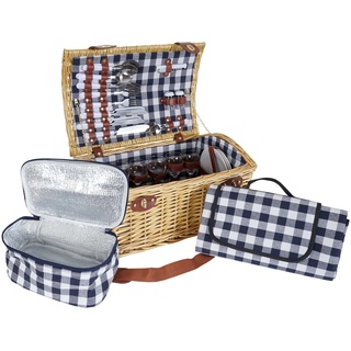 Picknickkorb-Set HWC-B23 f√or 6 Personen, Weiden-Korb Picknickdecke, Porzellan Glas Edelstahl, blau-wei√ü