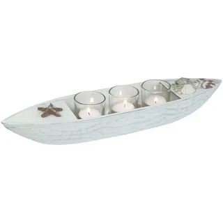 Teelichthalter Boot Holz Maritim - 3 Teelichtgläser Muscheln Seestern - Weiss Braun Glas MDF 40x10x8cm - Wohnzimmer Bad Deko