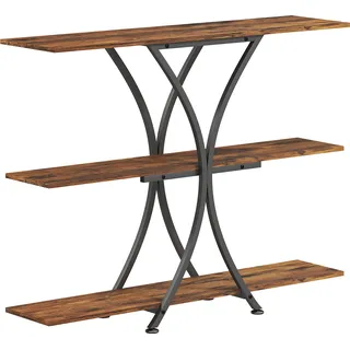 HOMCOM Konsolentisch mit 3 Ebenen, Sofatisch im Industrial-Stil mit 2 offenen Ablagen und X-förmigem Metallrahmen, schmale Konsole für Wohnzimmer, Flur, Eingangsbereich, Rustikales Braun   Aosom