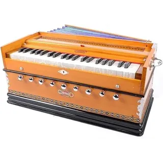 BINA Harmonium mit Doppelzungen, 3,5 Oktaven, 9 Stops, 4 Zusatztöne, Mehrfachbalg, Orgelstimmung, Vollabdeckung, Messing vernickelte Knöpfe, Glasrahmen auf Tasten, mit gepolsterter Tragetasche