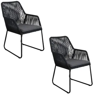 Mona Gartenstühle Rope 2er Set - Schwarz - mit Armlehnen & Rückenlehne - Inklusive Sitzkissen -  Aluminium Bein - Skandinavisches Design