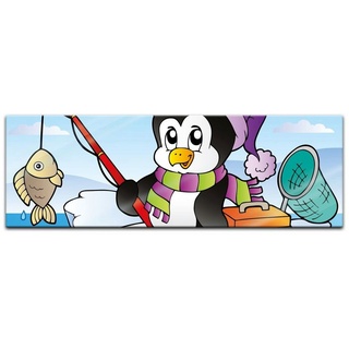 Bilderdepot24 Glasbild, Kinderbild fischender Pinguin bunt 120 cm x 40 cm