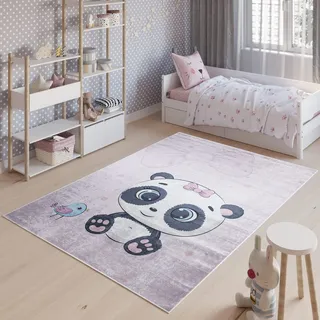 TAPISO Emma Kinderteppich Lila Grau Panda Antirutsch 140 x 200 cm | Waschbar bei 30 Grad bedruckter Kinderteppich Kinderzimmer Jugendzimmer Modern OEKO-TEX
