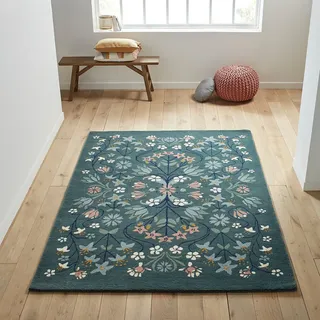 Teppich Keila, Blumenmuster, 100% Wolle Bunt Bedruckt