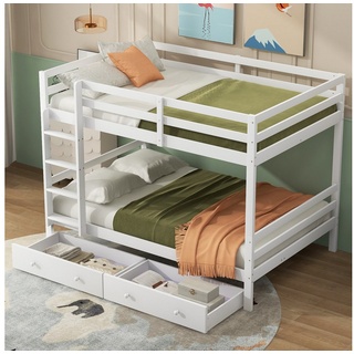 SOFTWEARY Etagenbett mit Lattenrost und Schubladen (140x200 cm), Kinderbett mit Leiter und Rausfallschutz weiß