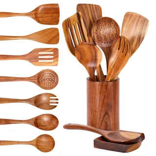 Kochlöffel Set Holz, 9 Stück Holz Kochbesteck Set mit Halter Pfannenwender Kochlöffel Schöpfkelle Nudelheber Servierlöffel Sieb, Holzutensilien zum Kochen Set