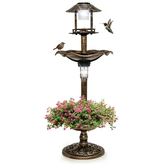 KOMFOTTEU Vogeltränke Vogelbad Vogelfutterhaus, mit Blumentopf & Solar Leuchten braun
