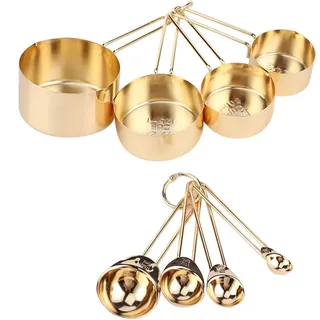 8-teiliges Edelstahl-Messbecher-Löffel-Set, Edelstahl-Messbecher und Messlöffel-Set mit Waage für Zuhause, Küche, Backzubehör (Gold)