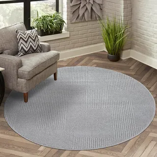 Carpet City Teppich Kurzflor Wohnzimmer - Grau - 160 cm Rund - Geometrisch, Gestreift - 3D-Effekt - Moderne Teppiche Flachflor Schlafzimmer, Esszimmer